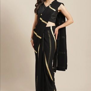 Women's Black Georgette Gold Print Ready to Wear Saree
